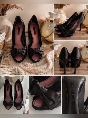 Louis Vuitton Black Satin Peep-Toe Bow Pumps